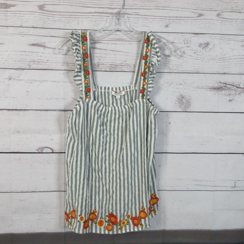 Andree by Unit Tank Top Womens Large Gray Stripe Embroidered Floral Boho Cottage